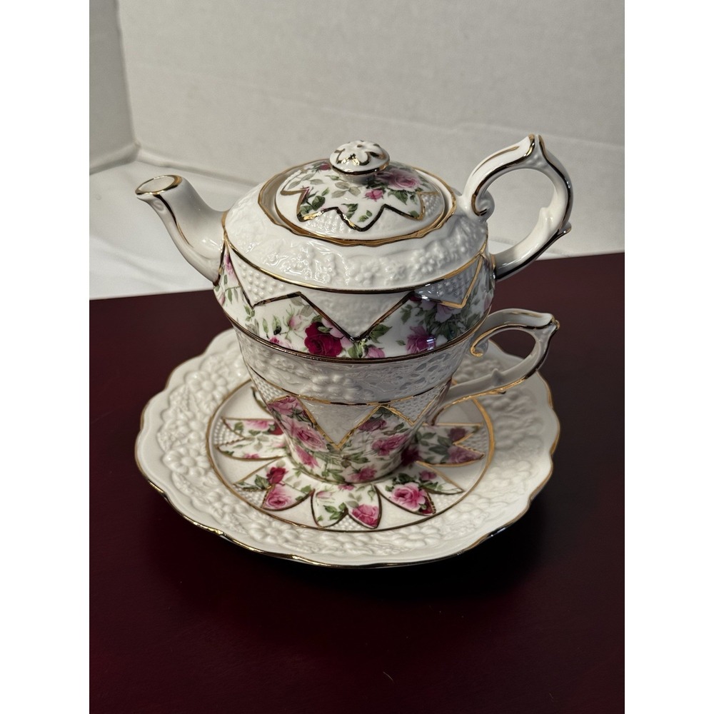 4 piece Grace  teaware tea for one Rose Floral Teapot Cup Saucer & cookie‎  tray